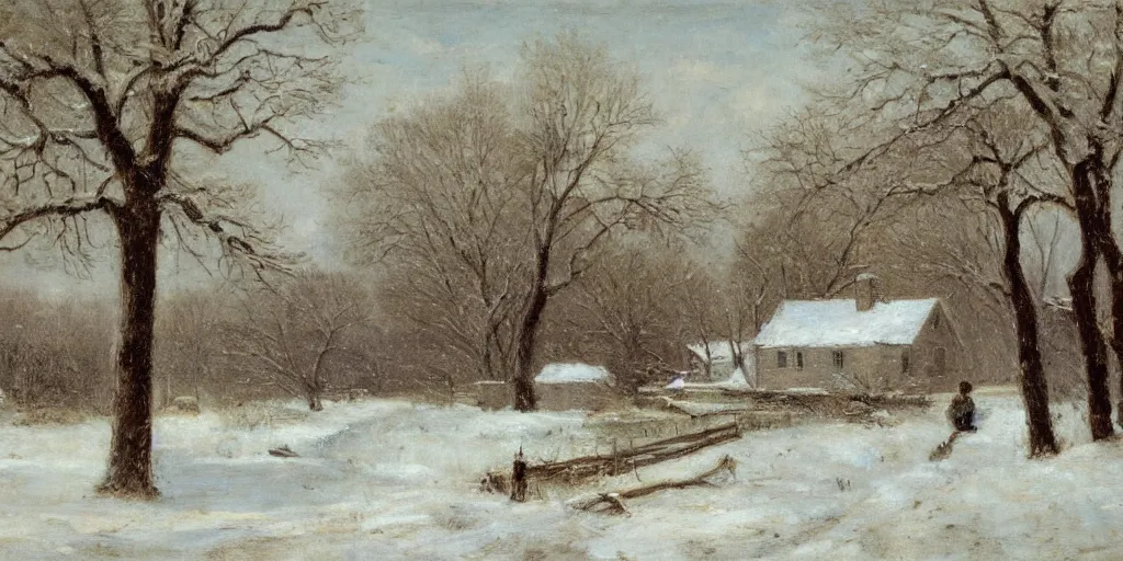 Image similar to a house during a severe winter, by george henry durrie, tree swaying, snow falling