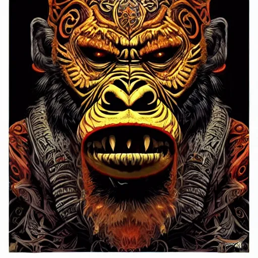 Image similar to barong family member, wiwek, mara demon, one single tribe member, jungle, one single mask, dark, ancient warrior, gorilla, lizard, tribal, inner glow, art by dan mumford and justin gerard