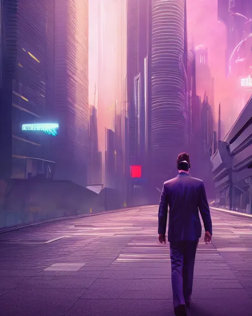 Prompt: a charismatic man in eagle costume walking in a cyberpunk city watching the purple sky, soft painting, futuristic, cyberpunk, perfectly shaded, octane render, illustration