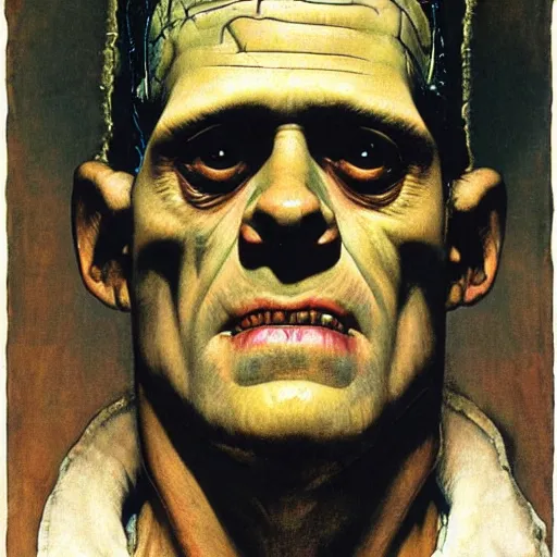 Image similar to Frontal portrait of a frankenstein. A portrait by Norman Rockwell.