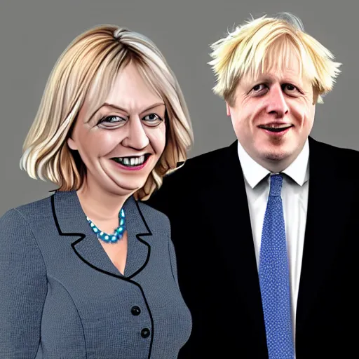 Prompt: Caricature portraits boris johnson and liz truss