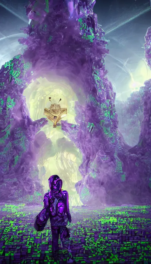 Image similar to a future sci fi ancient god on the middle of a purple forest looking to a young male dressed with streetwear holding a portal that's about to explode, abandoned city with graffiti, sweat drops, insane, intricate, highly detailed, voxel art, smooth, sharp focus, Unreal Engine 5, 8K, art by Diego Velázquez