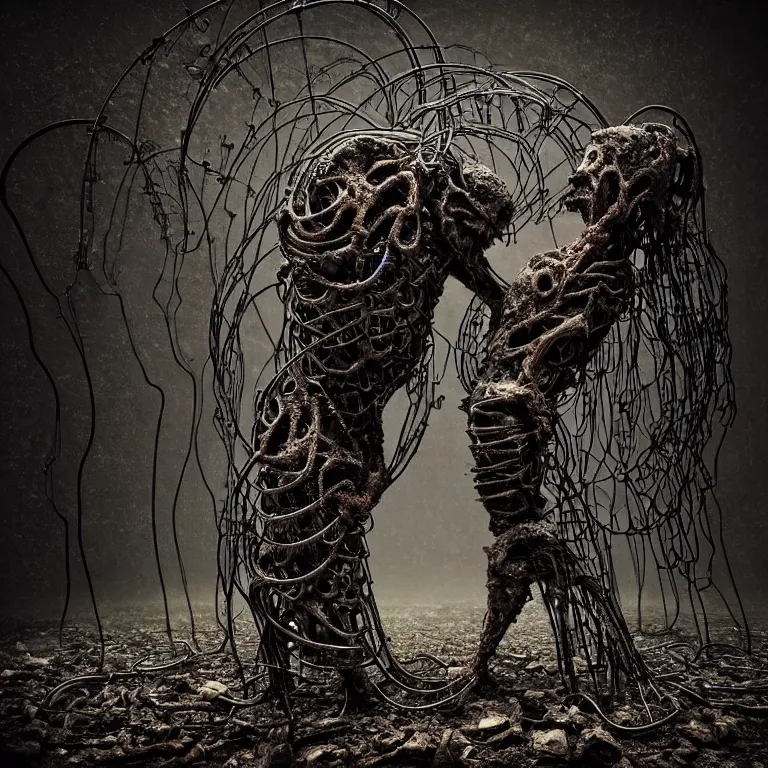 Image similar to portrait of abandoned ribbed organic biomechanical sculpture of two kissing cyborgs, covered with wires, spines, roots, ash, mold, meat, baroque painting, standing in a desolate empty wasteland, creepy, nightmare, dream-like heavy atmosphere, dark fog, surreal abandoned buildings, baroque painting, beautiful detailed intricate insanely detailed octane render trending on Artstation, 8K artistic photography, photorealistic, volumetric cinematic light, chiaroscuro, zoomed out, Raphael, Caravaggio, Beksinski, Giger BW