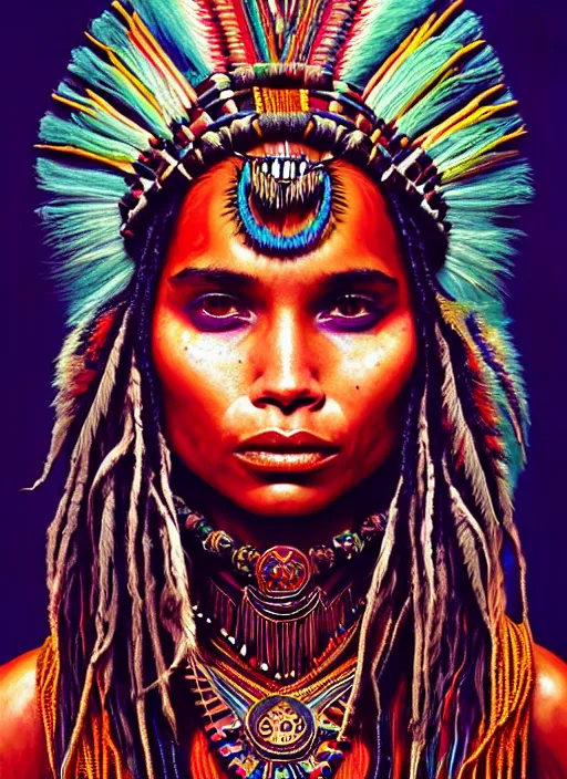 Image similar to portrait of zoe kravitz, hyper detailed ultra sharp aztec shaman warrior. trending on artstation, warpaint aesthetic, bloodwave, colorful, psychedelic, ornate, intricate, digital painting, concept art, smooth, sharp focus, illustration, art by artgerm and greg rutkowski and h. r. giger, 8 k