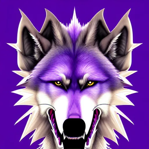 Image similar to digital art of an anthropomorphic muscular purple wolf, furry style, wearing jeans, deviant art, professional furry drawing, insanely detailed, artistic design, hyper detailed wolf - like face, doing a pose from jojo's bizarre adventure, detailed veiny muscles, exaggerated features, beautiful shading, huge spikey teeth, grinning, detailed face, colorful background