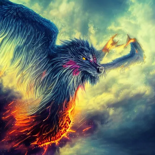 Image similar to A wide shot of griffin in the sky, colorful eyes, glowing eyes, fire, frost, angry, demonic, detailed, realism, hyper-realistic, 8k, hd, detailed face, looking up in the sky,