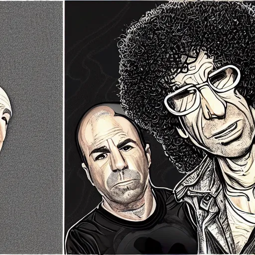 Image similar to Joe Rogan and Howard Stern as a cartoon, intricate, highly detailed, concept art, smooth, sharp focus, illustration, medium shot, mid-shot