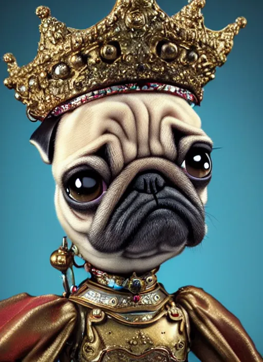 Prompt: highly detailed closeup, profile portrait of a tin toy goth anthro pug princess wearing a crown, unreal engine, nicoletta ceccoli, mark ryden, earl norem, lostfish, global illumination, detailed and intricate environment