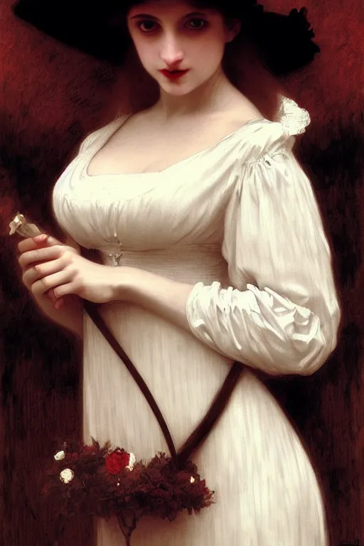 Image similar to victorian vampire in a big hat, white dress, painting by rossetti bouguereau, detailed art, artstation