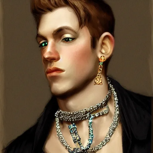 Prompt: a character sketch of a handsome young man wearing excessive jewelry in a tasteful way