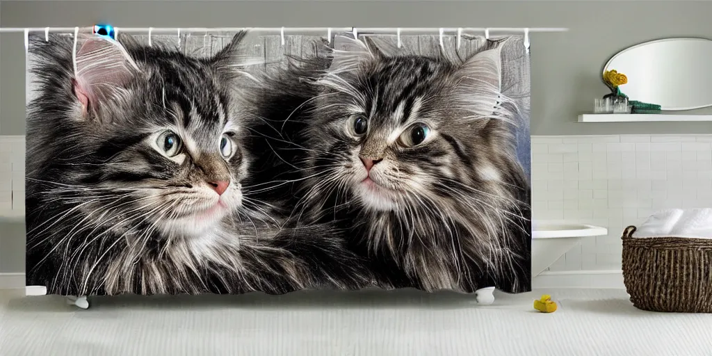 Prompt: shower curtain product catalog. on the curtain is a maine coon kitten printed as a watercolor with ink under drawing. product photography, product lighting. 4 k, highly detailed. saturated.