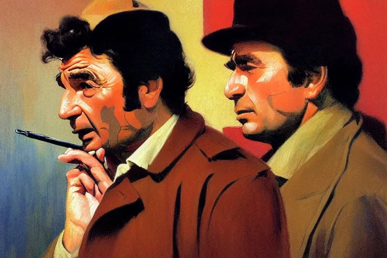 Prompt: police detective columbo ( played by young peter falk ) in his messy trenchcoat, smoking a cigar while rubbing his head. 1 9 8 0 s oil painting in the style of edward hopper and ilya repin gaston bussiere, craig mullins. warm colors. detailed and hyperrealistic.