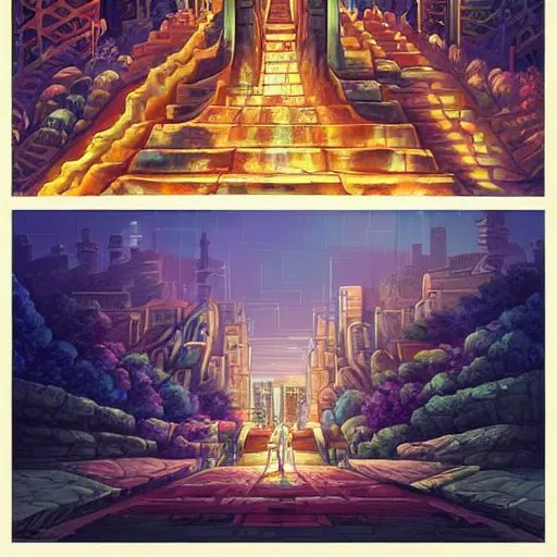 Image similar to street view of gigantic temple city at night by cyril rolando and naomi okubo and dan mumford and ricardo bofill