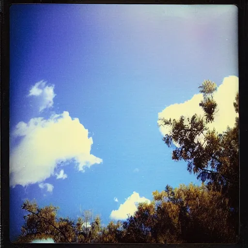 Image similar to instant photograph of the sky, polaroid, raw, beautiful, nostalgic, light leak, blue sky, clouds, desert forest