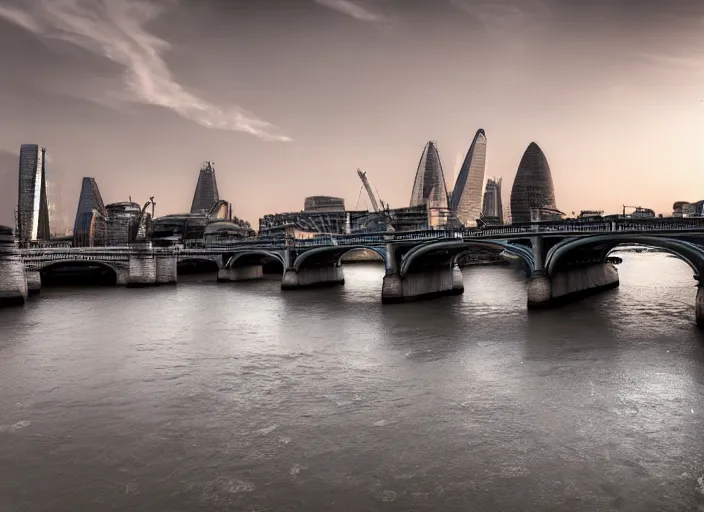 Image similar to A professional photograph of the London Bridge with the river Thames completely dried up, cyberpunk, futuristic, highly detailed, 4K, extreme detail, HDR