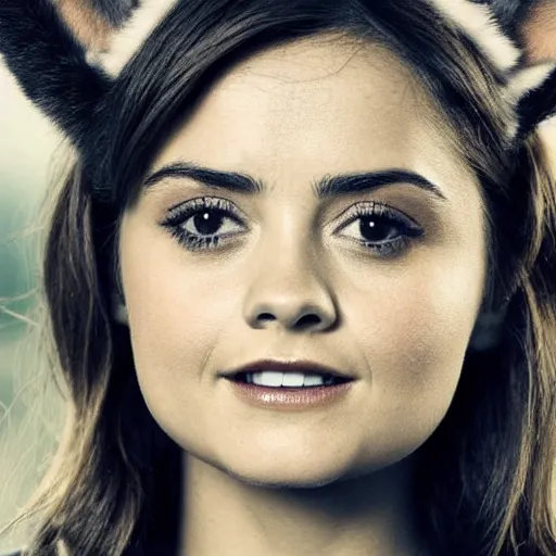 Image similar to jenna coleman with fox ears and fox facial features, furry face, close - up, headshot, detailed, symmetric