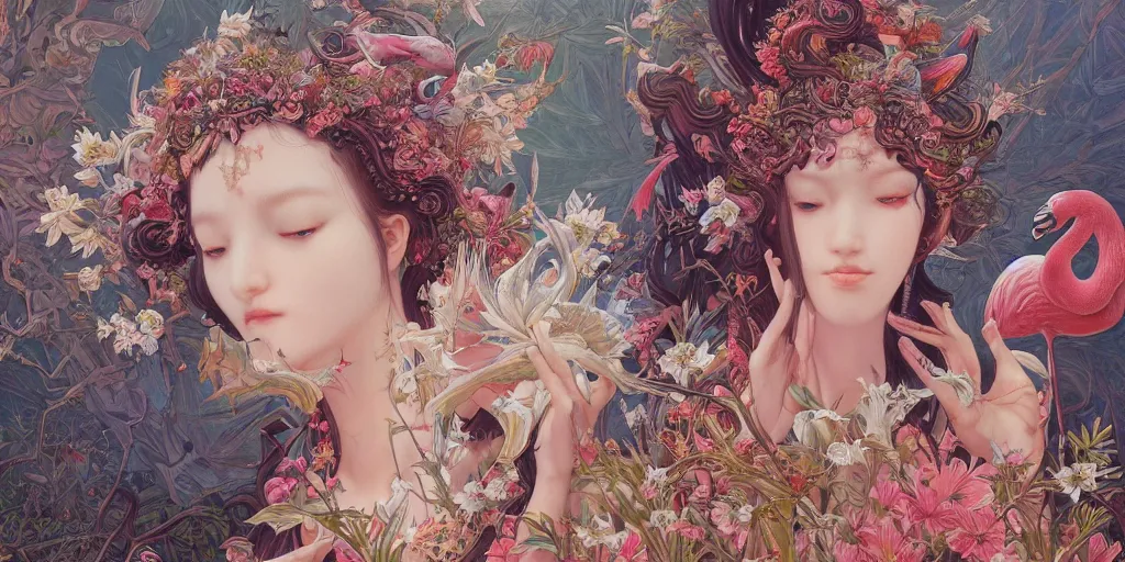 Image similar to breathtaking detailed weird concept art painting of the goddess of flamingo, orthodox saint, with anxious, piercing eyes, ornate background, epic composition, amalgamation of leaves and flowers, by Hsiao-Ron Cheng and John James Audubon and Miho Hirano, extremely moody lighting, 8K