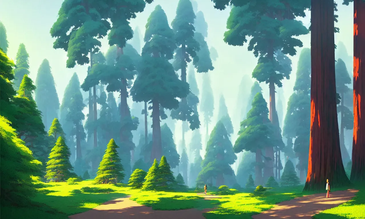 Image similar to Sequoia park in a colorful moutain with beautiful trees , no people, morning, by studio ghibli painting, superior quality, masterpiece, traditional Japanese colors, by Grzegorz Rutkowski, concept art