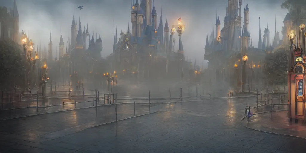 Prompt: cinematic, concept art, hyper realistic, symbolism, Orwellian Disney Land, defined architecture by Scott M Fischer, misty, foggy, depth of field, 8k, 35mm film grain, unreal engine 5 render