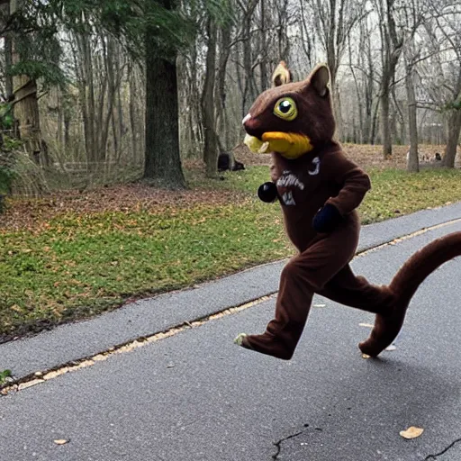 Prompt: photo of a person in a fursuit chasing a squirrel