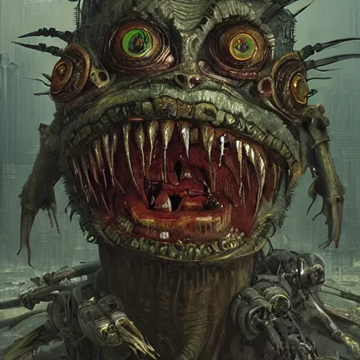 Image similar to ragged cyborg goblin with maniacal expression and bulging eyes inside byzantine hong kong hoarder labaratory, portrait by by greg rutkowski and h. r. giger and stalenhag and deak ferrand, studio ghibli composition