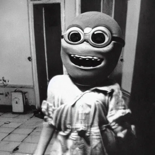 Image similar to realistic photograph of a creepy evil minion, if it were a real person, accidentally caught on camera in a old house, in the 8 0's