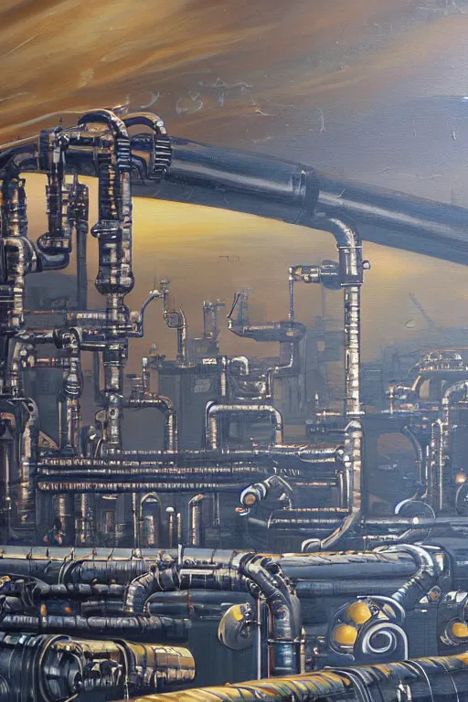 Image similar to oil painting, extra long-view, hight detailed, millions small melting industrial pipes, in style of 80s sci-fi art