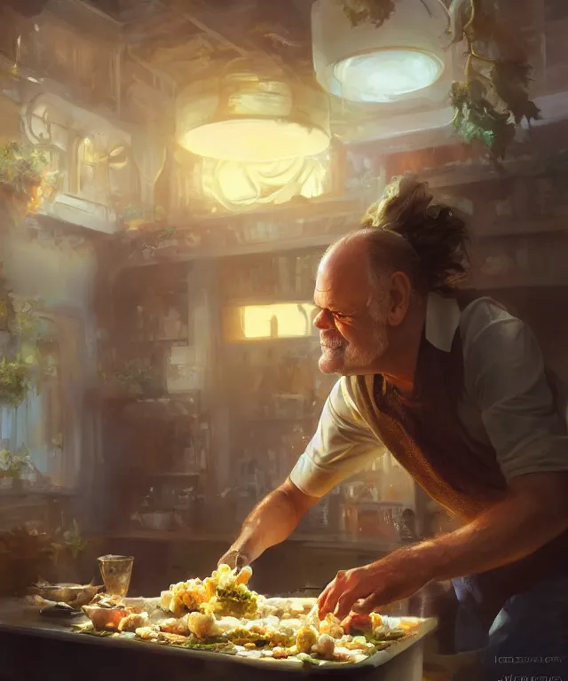 Image similar to kelsey grammer, cinematic, making tossed salad, and scrambled eggs, elegant, highly detailed, digital painting, artstation, smooth, hard focus, illustration, art by jessica rossier and and brian froud