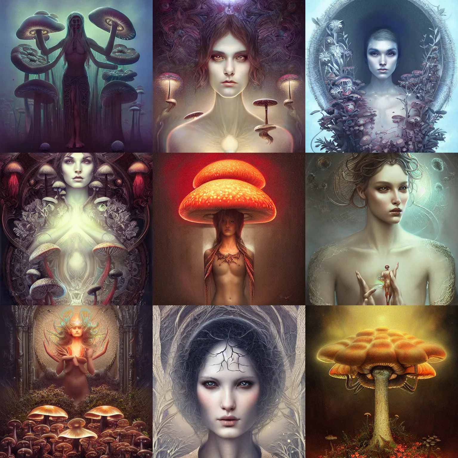 Prompt: godlike mushrooms, highly detailed, bioluminescent, expressive, beautiful symmetric, award winning art by Tom Bagshaw