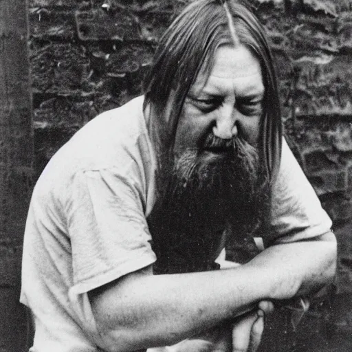 Prompt: robert wyatt gnawing on a long plank of wood, black and white photograph