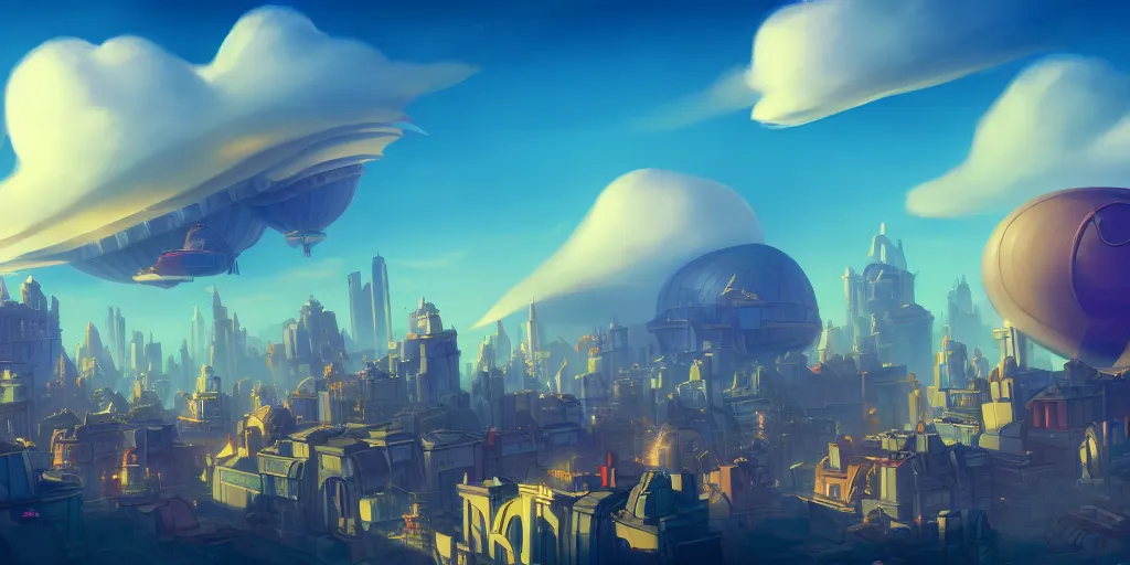 Image similar to the city in the of piltover, in the style from netflix's arcane, blimps in the sky, blue skies, soft clouds, trending on artstation