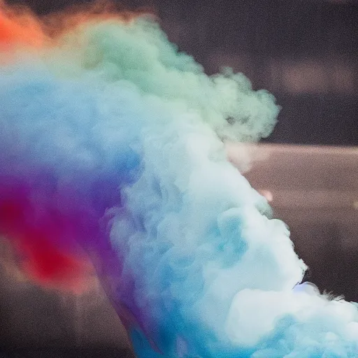 Prompt: muted colorful smoke forms into vague shape reminiscent racing dragon.