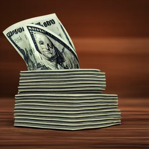 Prompt: a large stack of $ 1 0 0 bills with a money band around it sitting on a wooden table, 8 k, photorealistic, hyper realism, cinematic, movie still, octane render,