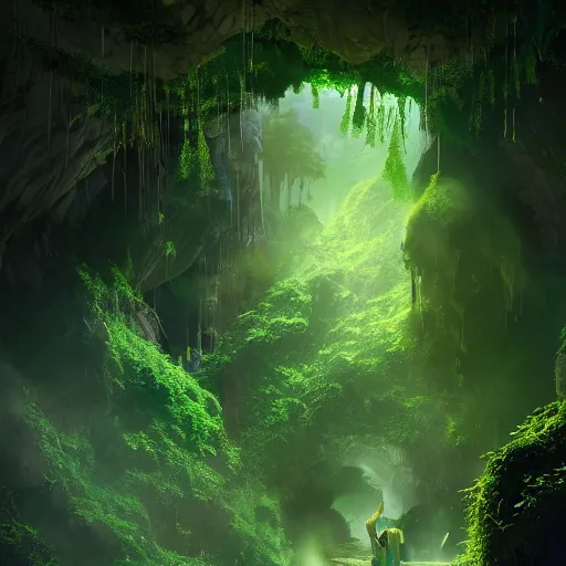 Prompt: looking into lush cave entrance with glowing emeralds and vines hanging from the ceiling, mythical ambience, sharp focus, cinematic light, cgsociety, highly detailed