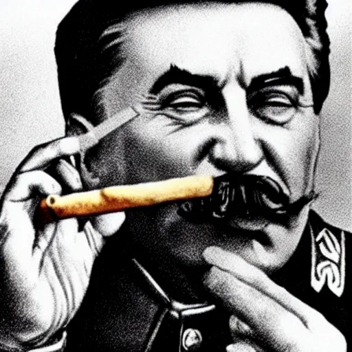 Prompt: stalin eats french fries with ketchup while smoking cigar