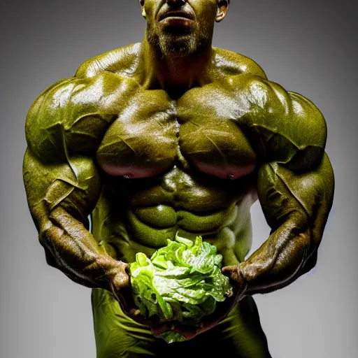 Image similar to sculpture of a bodybuilder made entirely from fresh lettuce, by antoni gaudi, studio lighting, 8 k, high quality, professional photography