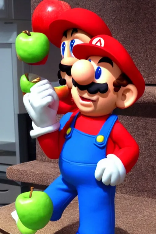 Prompt: claymation mario holding a real apple