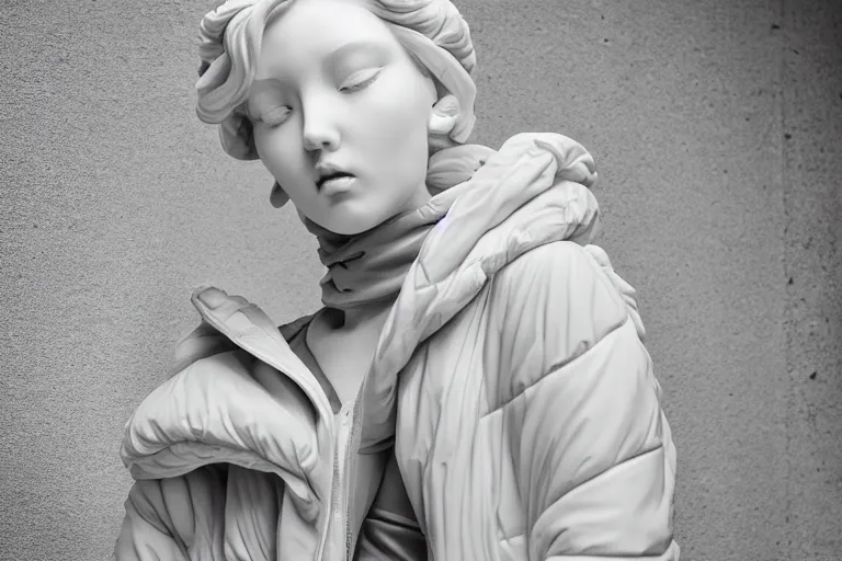 Image similar to well lit fashion shoot portrait of extremely beautiful female marble statue wearing huge over size puffer jacket by dingyun zhang, yeezy, balenciaga, vetements, a cold wall, sharp focus, clear, detailed,, cinematic, detailed, off white, glamourous, symmetrical, vogue, editorial, fashion, magazine shoot, glossy