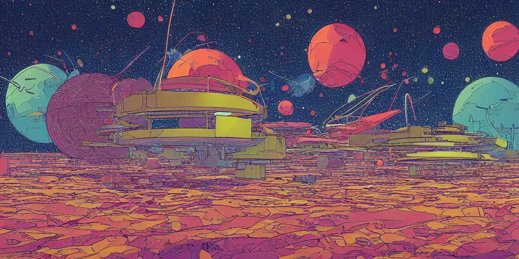 Image similar to colourful illustration of a floating space settlement. thousands of stars in the background. art by moebius. science fiction art. detailed digital painting.