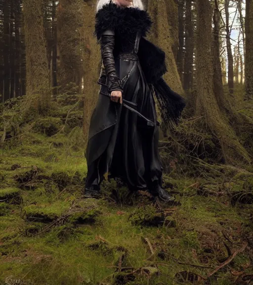 Image similar to 5 5 mm close up portrait photo of anya chalotra as yennefer of vengerberg in black leather armor and long black fluff hair, in a forest. magical atmosphere. art by greg rutkowski. lifelike. very detailed 8 k. intricate. soft light. nikon d 8 5 0.