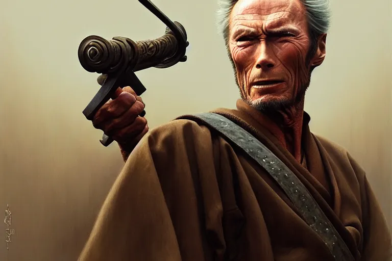 Image similar to clint eastwood in seven samurai ( 1 9 5 4 ). oil painting elegant, highly detailed, centered, digital painting, artstation, concept art, smooth, sharp focus, illustration, artgerm, tomasz alen kopera, peter mohrbacher, donato giancola, joseph christian leyendecker