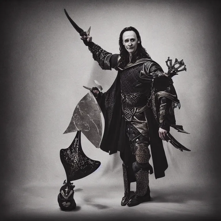 Image similar to “portrait of Loki as a medieval jester, studio lighting hyperreal photograph ”