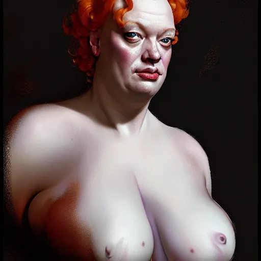 Prompt: upper body portrait of christina hendricks as baron harkonnen in a black oil bath by norman rockwell and boris vallejo, artstation, concept creature character art