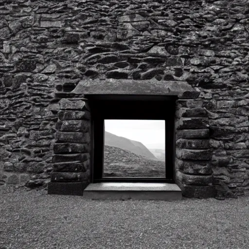 Image similar to ancient scottish dark stone blackhouse designed by le corbusier. dramatic lighting, sigma 2 4 mm, wide angle lens, ƒ / 8