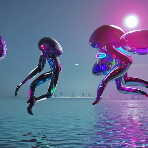 Prompt: love, diverse floating cybersuits, from behind, in water, connection rituals, wide wide angle, vivid, elaborate, highly detailed, beautiful lighting