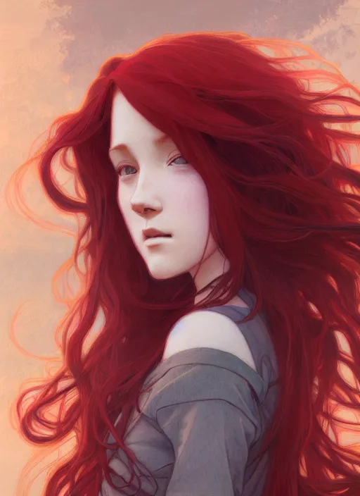 Prompt: pretty young woman with long red hair walking in the darkness, path traced, highly detailed, high quality, digital painting, by studio ghibli and alphonse mucha, leesha hannigan, makoto shinkai, disney