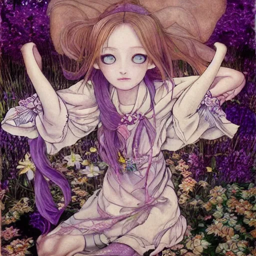 Image similar to little elf girl, tunic, soft hair. light color palate, purple, yellow and white. detailed soft painting, ayami kojima, made in abyss, anatomically correct, inspired in balthus, high detailed face anime, vogue magazine, glorious composition