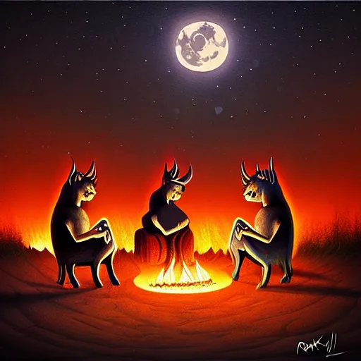 Image similar to strange mythical beasts of sitting around a fire under a full moon, surreal dark uncanny painting by ronny khalil