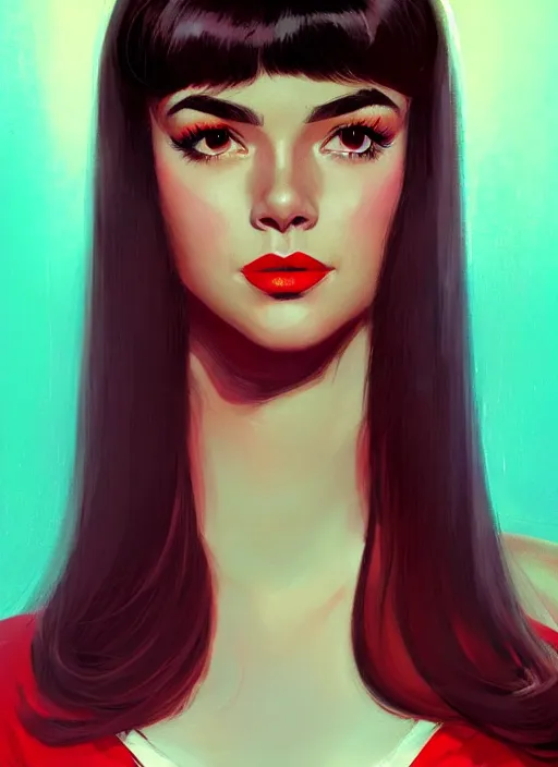 Image similar to portrait of veronica lodge with bangs, 1 9 6 0 s, long hair, red clothes, bangs, intricate, elegant, glowing lights, highly detailed, digital painting, artstation, concept art, smooth, sharp focus, illustration, art by wlop, mars ravelo and greg rutkowski