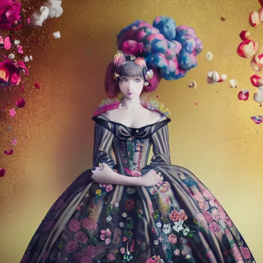 Prompt: 8 k, octane render, realism, tonalism, renaissance, rococo, baroque, portrait of a young - lady wearing long - harajuku manga - dress with flowers! and skulls, background chaotic gold leaf flowers, cotton candy!!